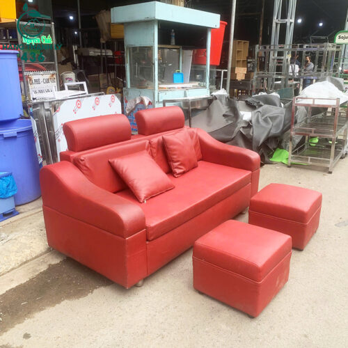Sofa Băng Cũ Bọc Da Màu Đỏ Kèm Đôn Vuông 3 sofa bang cu boc da mau do kem don vuong 2