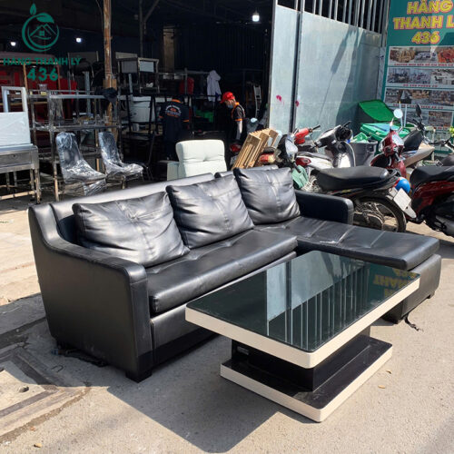 Sofa Da Góc Chữ L Cũ 2M4X1M6 Kèm Bàn Kính 4 sofa da goc chu l cu 2m4x1m6 kem ban kinh 4