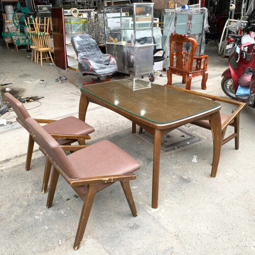 bo ban ghe an go cu 1m3x80cm ket hop mat kinh 4