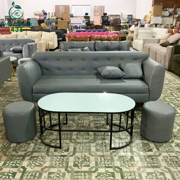 thanh ly bo sofa boc da mau xam kem 2 don nho moi 99 1