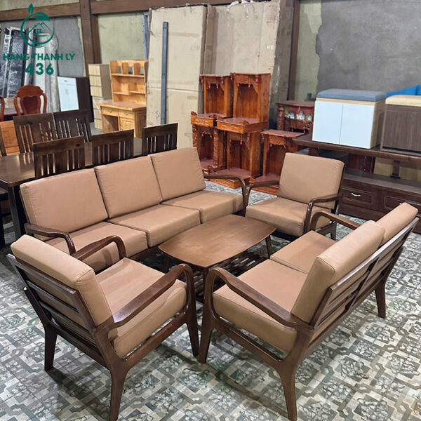 Thanh Lý Bộ Sofa Gỗ Tự Nhiên Kèm Ghế Bọc Da Nâu Mới 99%