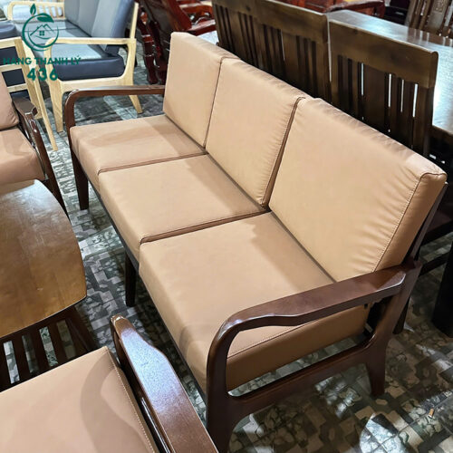 Thanh Lý Bộ Sofa Gỗ Tự Nhiên Kèm Ghế Bọc Da Nâu Mới 99%