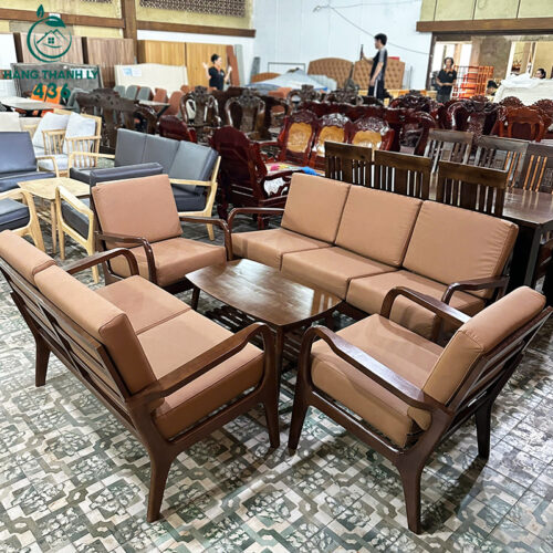 Thanh Lý Bộ Sofa Gỗ Tự Nhiên Kèm Ghế Bọc Da Nâu Mới 99%