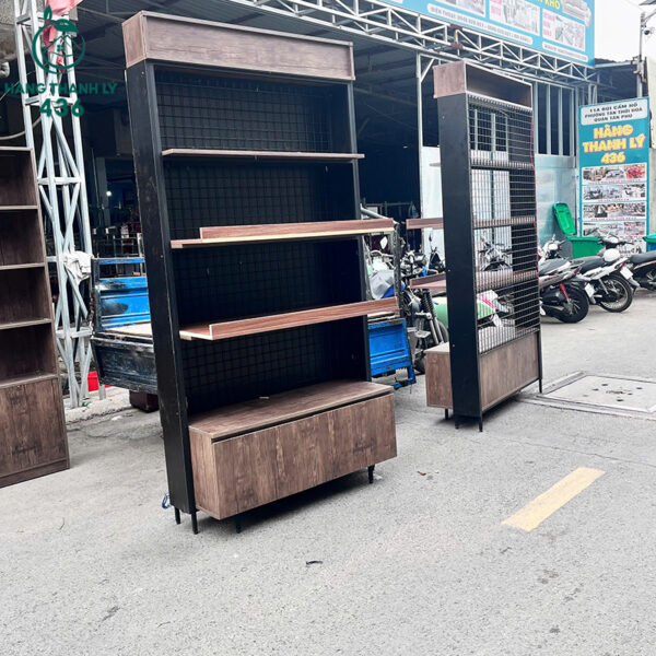 ban-hop-chan-sat-mat-go-mau-vang-cu (2) Kệ Trưng Bày Cũ 1M2X2M4 Khung Sắt Gỗ Màu Nâu