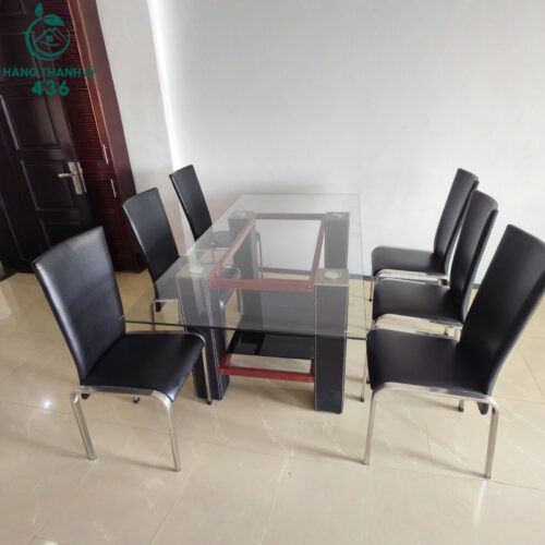 Bộ Bàn Ăn Mặt Kính 6 Ghế Bọc Da Cũ 2 bo ban an mat kinh 6 ghe boc da cu 2