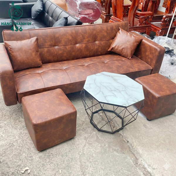 thanh ly bo sofa giuong da mau nau moi 99