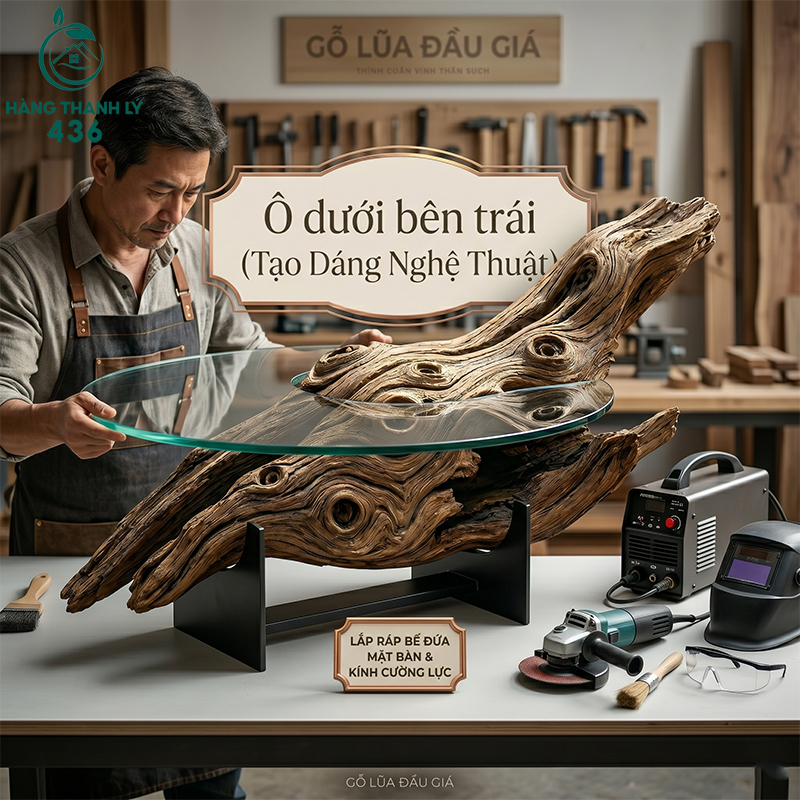 Người thợ đang tiến hành lắp ráp khối gỗ lũa đã được xử lý xong 