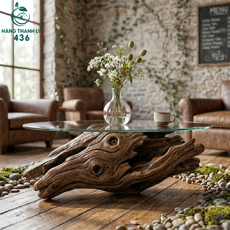 Bàn trà gỗ lũa tự nhiên kết hợp mặt kính tinh tế, điểm nhấn đẳng cấp cho không gian sống.