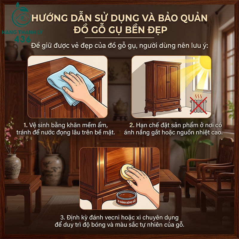Vệ sinh bằng khăn mềm ẩm, tránh để nước đọng lâu trên bề mặt.