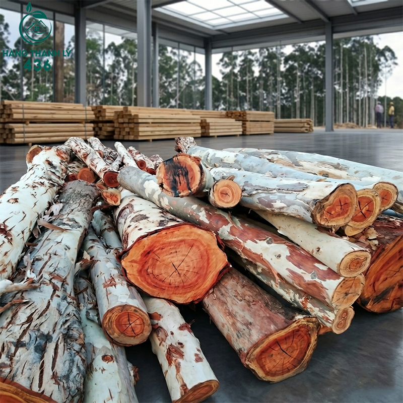 Nguồn nguyên liệu gỗ bạch đàn dồi dào tại xưởng, sẵn sàng cho quy trình sản xuất nội thất.