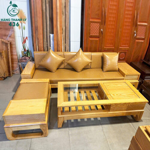 10+ Mẫu Bàn Ghế Sofa Gỗ Phòng Khách Nhỏ Đẹp 11 Sofa gỗ cho không gian nhỏ gối bọc da
