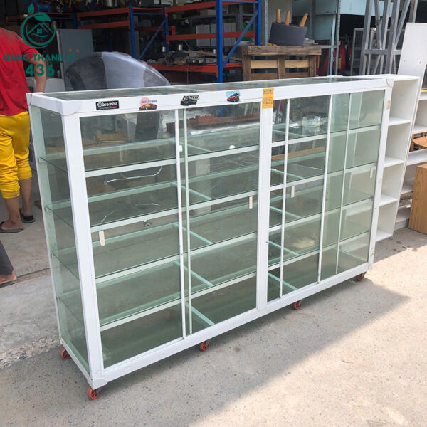 tu kinh trung bay cu 1m8x40cmx1m2 khung nhom cua lua 3