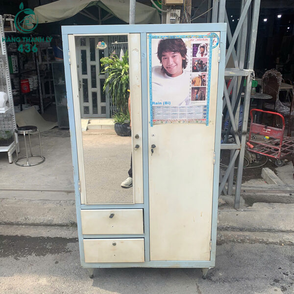 tu sat quan ao mau trang xanh cu 1m6x87cm co guong soi 2