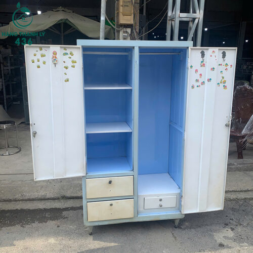 tu sat quan ao mau trang xanh cu 1m6x87cm co guong soi 3