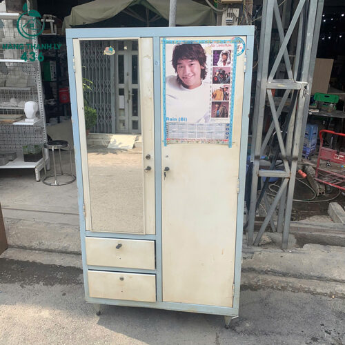 tu sat quan ao mau trang xanh cu 1m6x87cm co guong soi 4