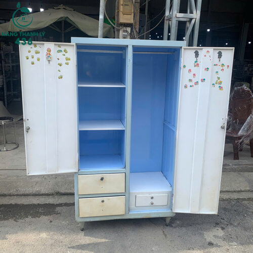 tu sat quan ao mau trang xanh cu 1m6x87cm co guong soi 5