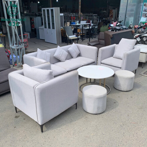 Bộ Sofa Cũ Màu Kem Kèm Bàn Trà Và Đôn Tròn 4 bo sofa cu mau kem kem ban tra va don tron 3