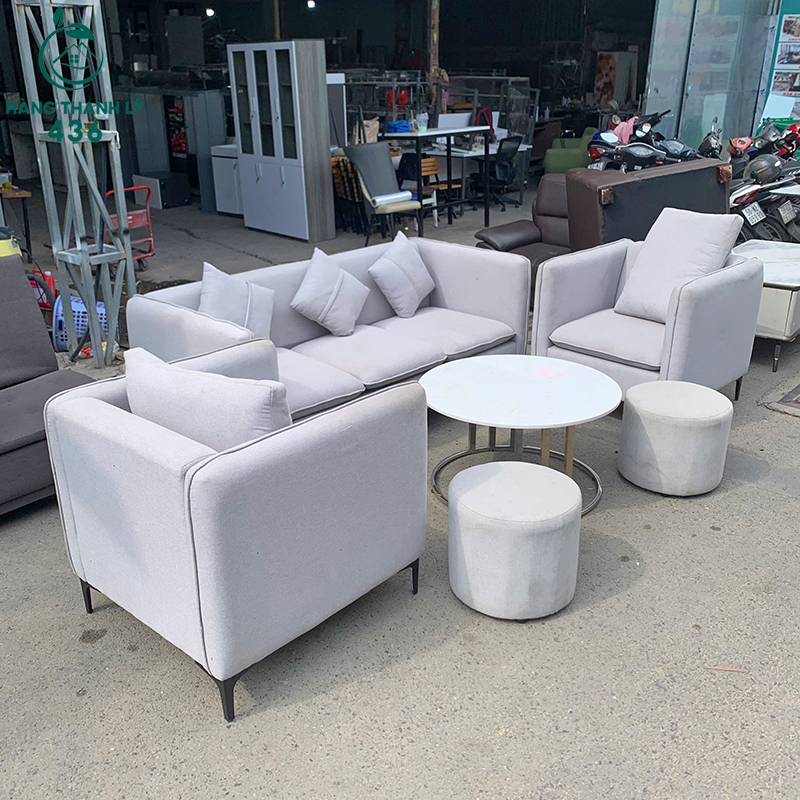 Bộ Sofa Cũ Màu Kem Kèm Bàn Trà Và Đôn Tròn 8 bo sofa cu mau kem kem ban tra va don tron 3