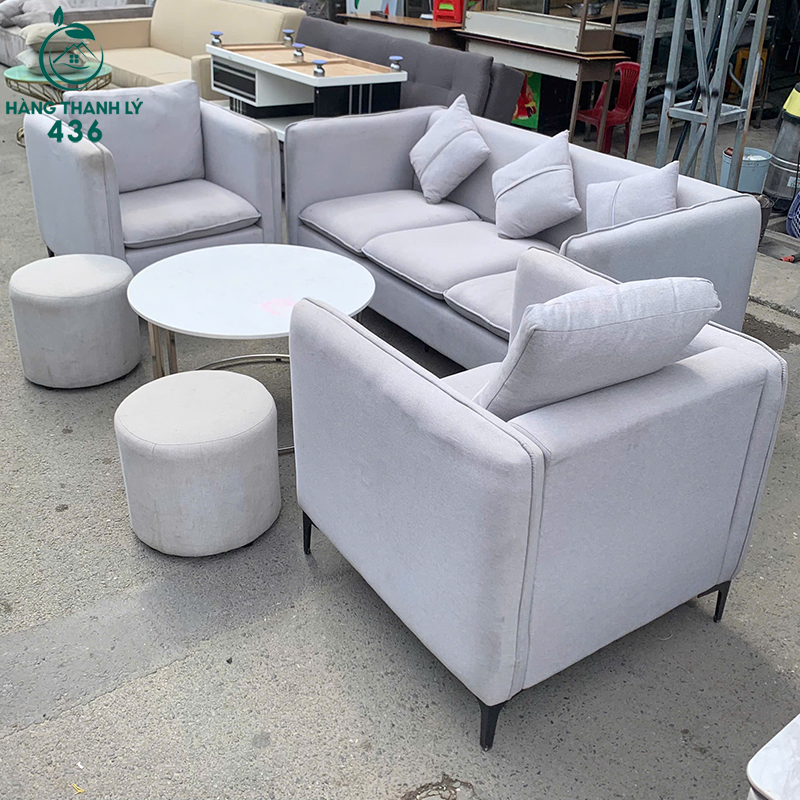 Bộ Sofa Cũ Màu Kem Kèm Bàn Trà Và Đôn Tròn 9 bo sofa cu mau kem kem ban tra va don tron 4