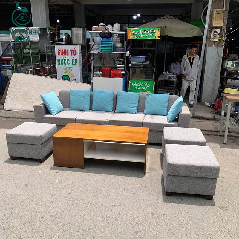 Bộ Sofa Cũ 2M5X80CMX60CM Màu Xám Kèm Bàn Trà Và Đôn Rời 4 bo sofa cu mau xam kem ban tra va don roi 1