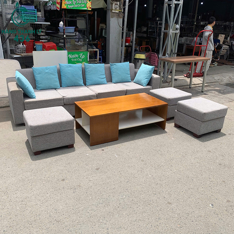 Bộ Sofa Cũ 2M5X80CMX60CM Màu Xám Kèm Bàn Trà Và Đôn Rời 5 bo sofa cu mau xam kem ban tra va don roi 2