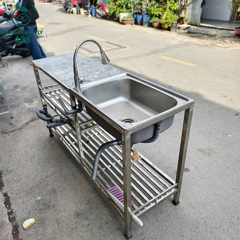 Bồn Rửa Inox Cũ 1M4X45CMX82CM Có Mặt Đá Và Kệ Để Đồ Gọn Gàng 7 bon rua inox cu co mat da va ke de do gon gang 3