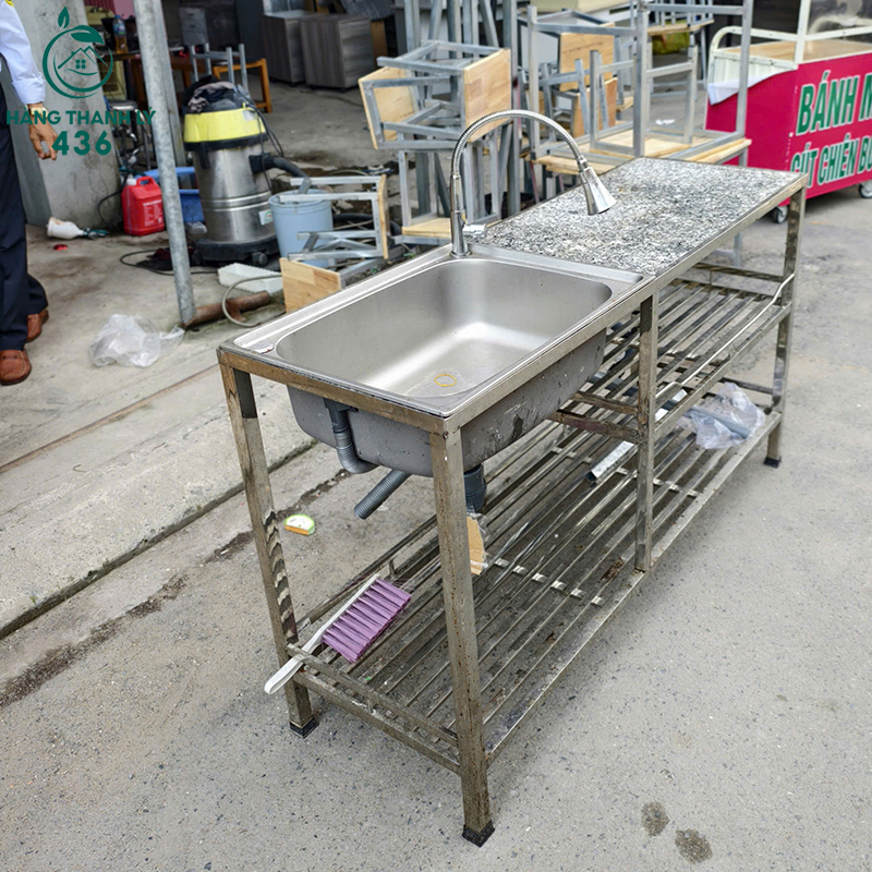 Bồn Rửa Inox Cũ 1M4X45CMX82CM Có Mặt Đá Và Kệ Để Đồ Gọn Gàng 8 bon rua inox cu co mat da va ke de do gon gang 4
