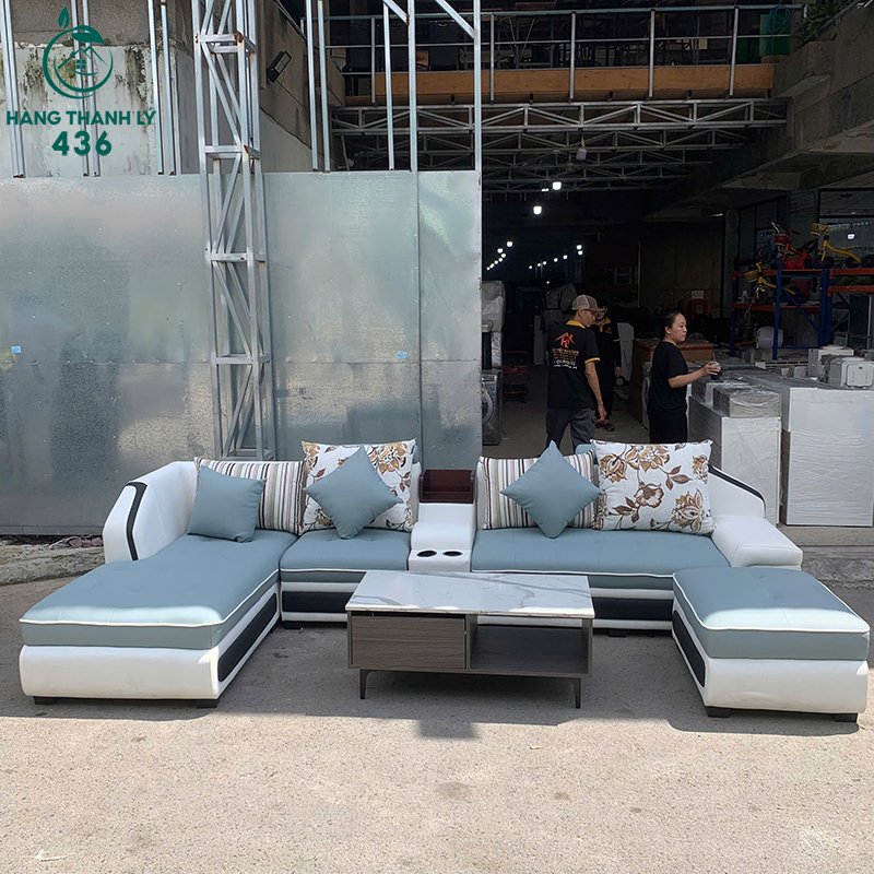 Sofa Góc Chữ U Cũ 3M3 Phối Xanh Trắng Kèm Bàn 6 sofa goc chu u cu 3m3 phoi xanh trang kem ban 2