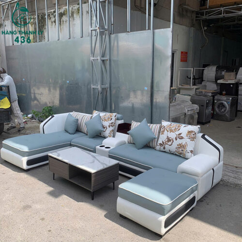 Sofa Góc Chữ U Cũ 3M3 Phối Xanh Trắng Kèm Bàn 2 sofa goc chu u cu 3m3 phoi xanh trang kem ban 3