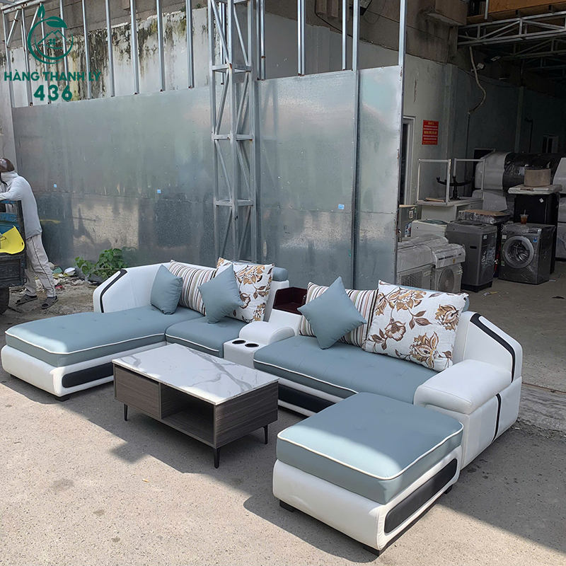 Sofa Góc Chữ U Cũ 3M3 Phối Xanh Trắng Kèm Bàn 7 sofa goc chu u cu 3m3 phoi xanh trang kem ban 3