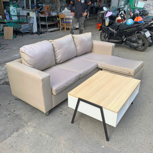 Sofa Góc L Bọc Da Cũ Màu Kem Kèm Bàn 5 sofa goc l boc da cu mau kem kem ban 2