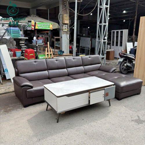 Sofa Góc L Cũ 2M4X1M7 Bọc Da Màu Nâu Kèm Bàn Trà 3 sofa goc l cu boc da mau nau kem ban tra 1