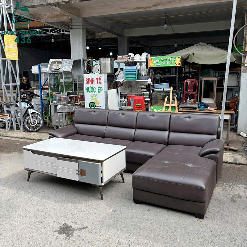 Sofa Góc L Cũ 2M4X1M7 Bọc Da Màu Nâu Kèm Bàn Trà 5 sofa goc l cu boc da mau nau kem ban tra 2