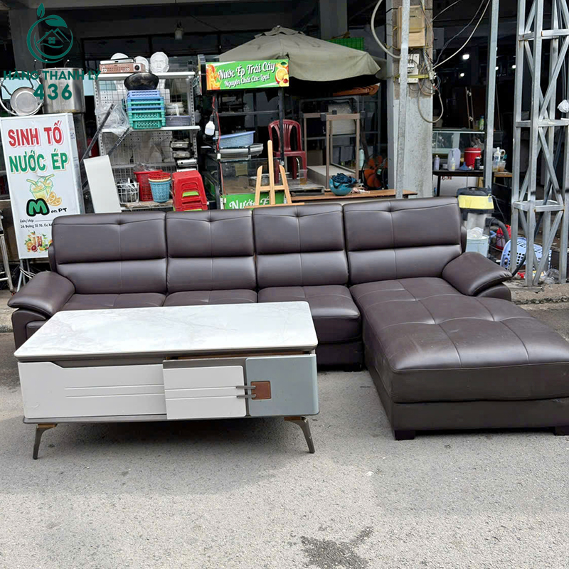 Sofa Góc L Cũ 2M4X1M7 Bọc Da Màu Nâu Kèm Bàn Trà 6 sofa goc l cu boc da mau nau kem ban tra 3