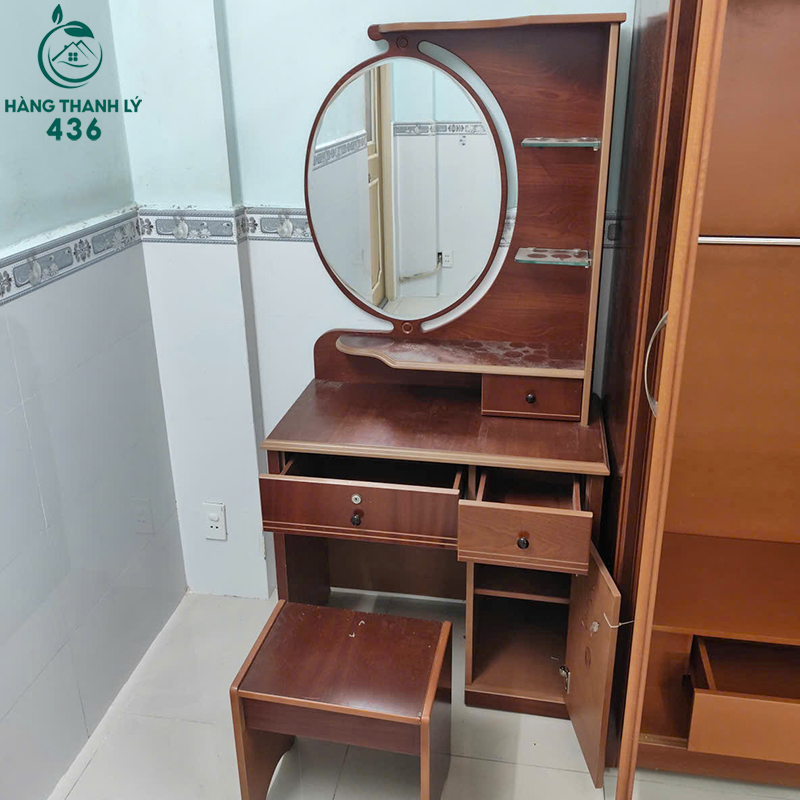 Bàn Trang Điểm Gỗ Cũ 80CM Kèm Gương Tròn 4 Ban trang diem 80×40 cao 1m65 va 1tr1 copy