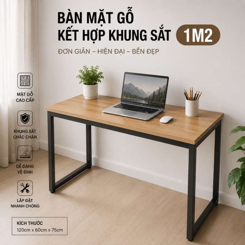 10+ Mẫu Bàn Làm Việc 1m2 Đẹp, Gọn Và Tiện Dụng 15 Bàn Mặt Gỗ Kết Hợp Khung Sắt