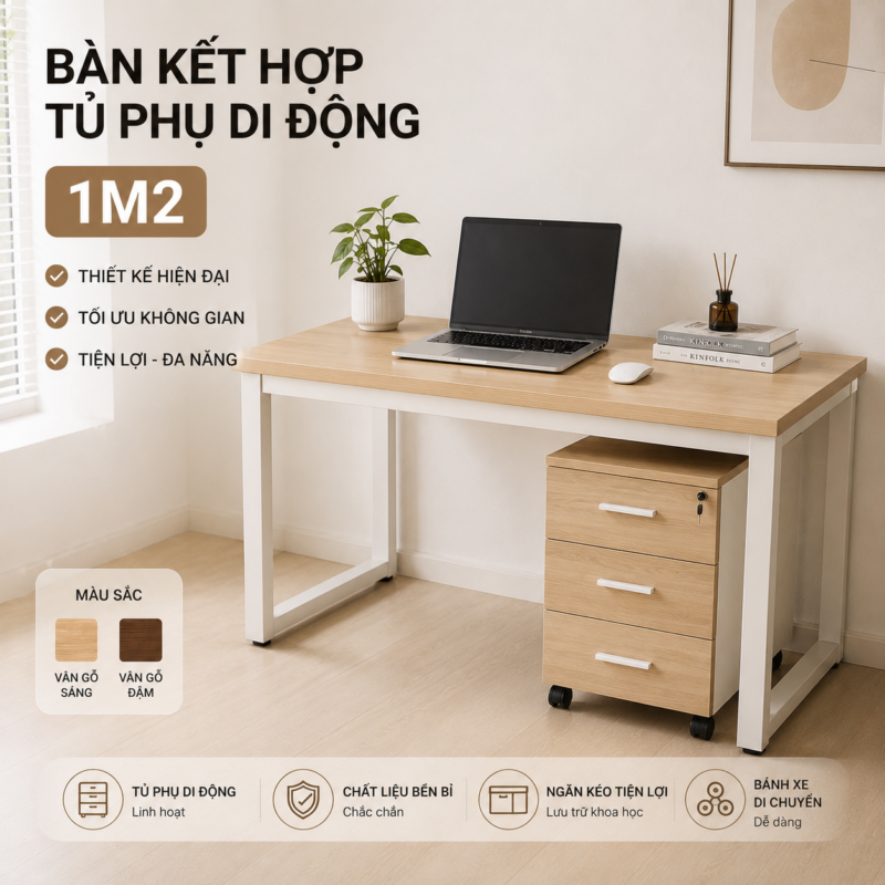 10+ Mẫu Bàn Làm Việc 1m2 Đẹp, Gọn Và Tiện Dụng 18 Bàn Kết Hợp Tủ Phụ Di Động
