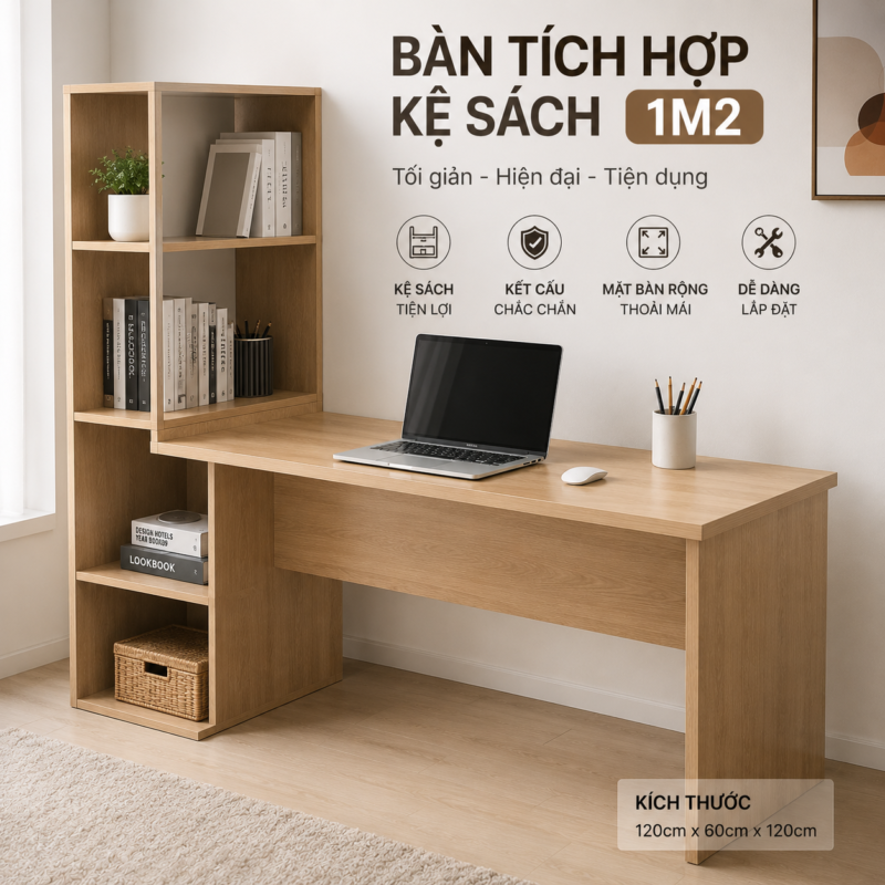 10+ Mẫu Bàn Làm Việc 1m2 Đẹp, Gọn Và Tiện Dụng 19 Bàn Tích Hợp Kệ Sách