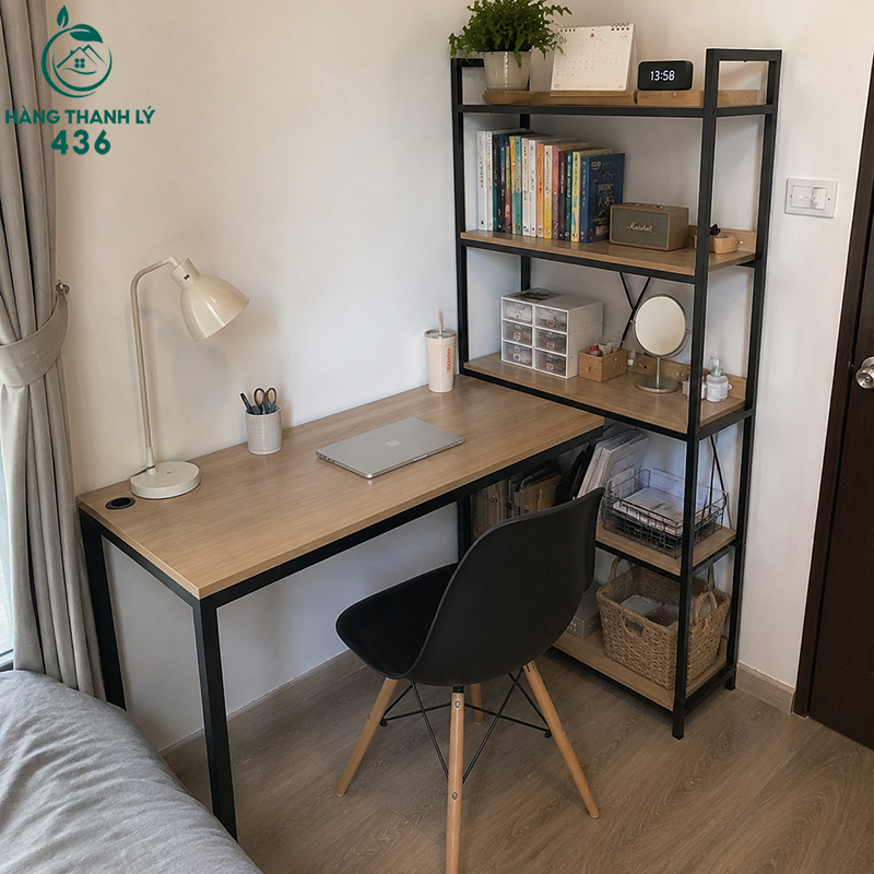 15+ Mẫu Bàn Làm Việc Có Kệ Sách Đẹp Và Tiện Dụng 18 Bàn kệ bên phải thuận tiện cho việc sắp xếp tài liệu, sổ tay và đồ dùng thường xuyên sử dụng.