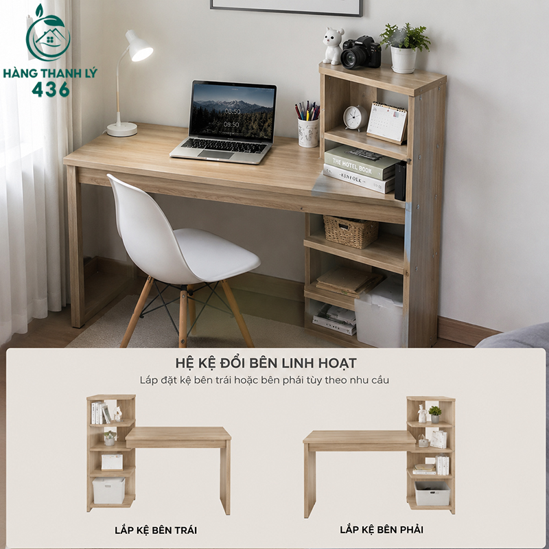 15+ Mẫu Bàn Làm Việc Có Kệ Sách Đẹp Và Tiện Dụng 19 Bàn có hệ kệ đổi bên linh hoạt, cho phép lắp đặt kệ ở bên trái hoặc bên phải tùy theo vị trí phòng.