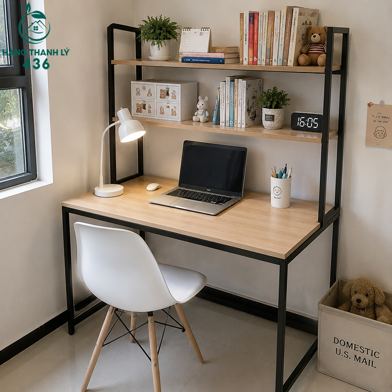 15+ Mẫu Bàn Làm Việc Có Kệ Sách Đẹp Và Tiện Dụng 20 Bàn có hai tầng kệ phía trên, thiết kế đơn giản, phù hợp với học sinh và sinh viên.