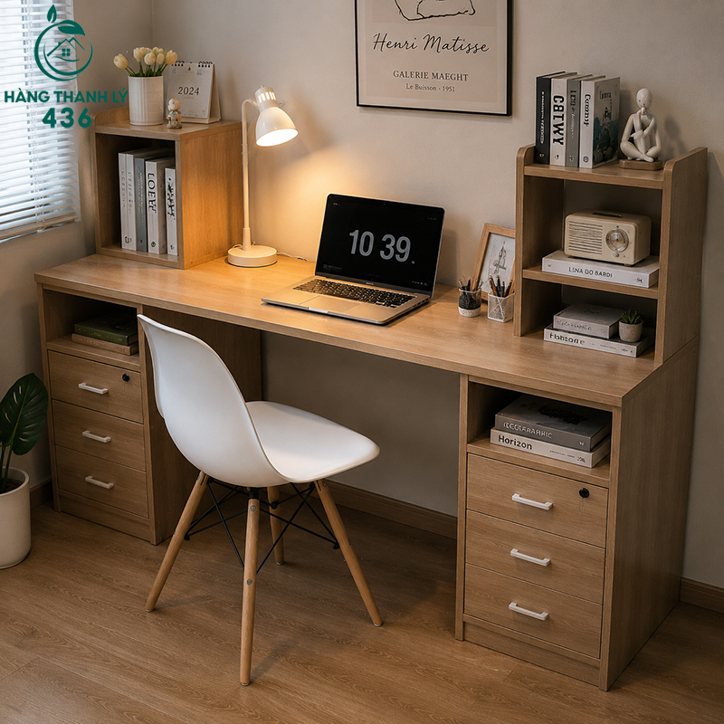 15+ Mẫu Bàn Làm Việc Có Kệ Sách Đẹp Và Tiện Dụng 24 Bàn có hai bên chân tủ, tăng khả năng lưu trữ và tạo kết cấu chắc chắn cho toàn bộ sản phẩm.