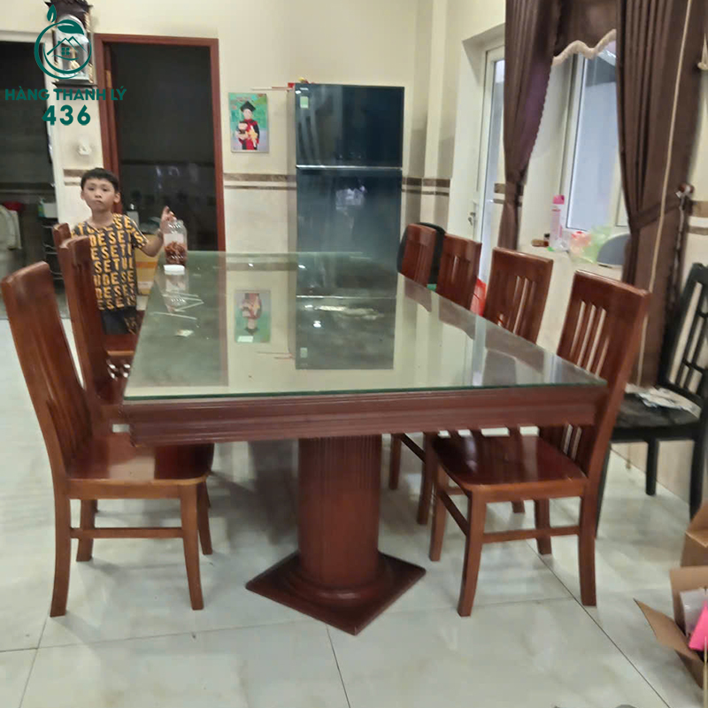Bộ Bàn Ăn Gỗ Cũ 8 Ghế Mặt Kính 3 bo ban an go cu 8 ghe mat kinh 1