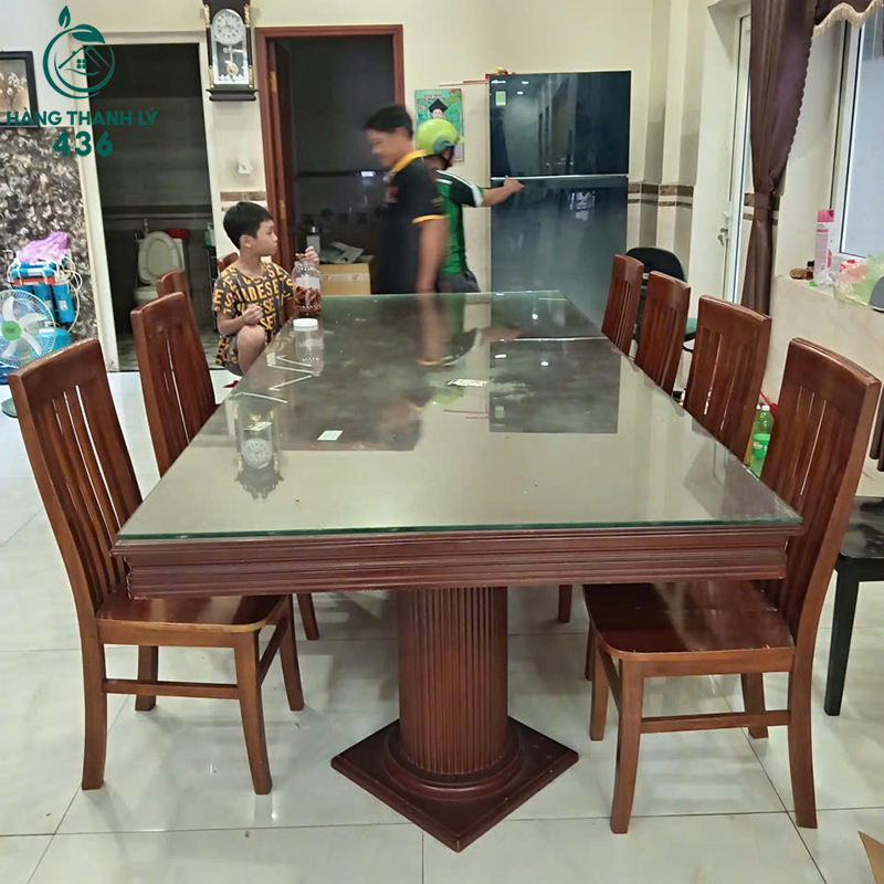 Bộ Bàn Ăn Gỗ Cũ 8 Ghế Mặt Kính 4 bo ban an go cu 8 ghe mat kinh 2