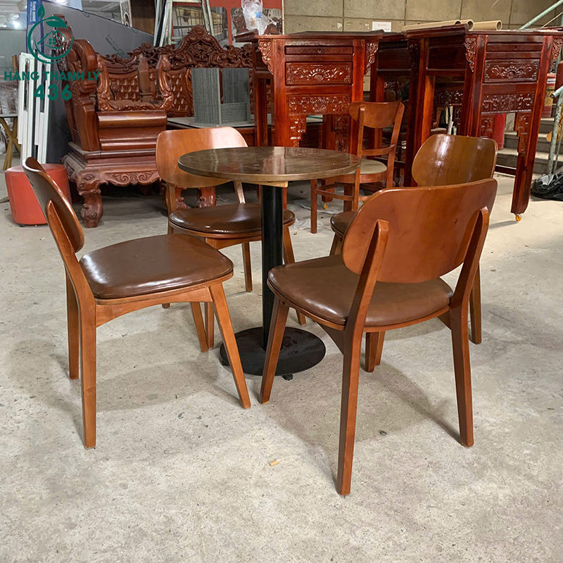 Bộ Bàn Ghế Cafe Gỗ Cũ Mặt Ngồi Bọc Da Nâu 7 bo ban ghe cafe go cu mat ngoi boc da nau 3