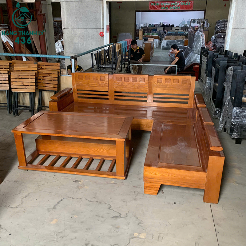 Bộ Sofa Gỗ Góc L 1M7 Cũ Kèm Bàn Trà 4 bo sofa go goc l 1m7 cu kem ban tra 1