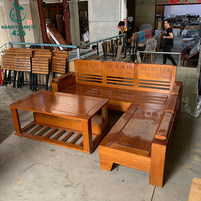 Bộ Sofa Gỗ Góc L 1M7 Cũ Kèm Bàn Trà 5 bo sofa go goc l 1m7 cu kem ban tra 2