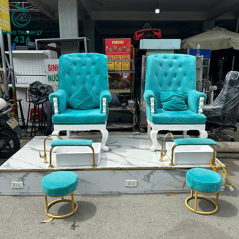 Ghế Nail Cũ Bọc Nỉ Xanh Ngọc Có Bục Kê Chân 4 ghe nail cu boc ni xanh ngoc co buc ke chan 1