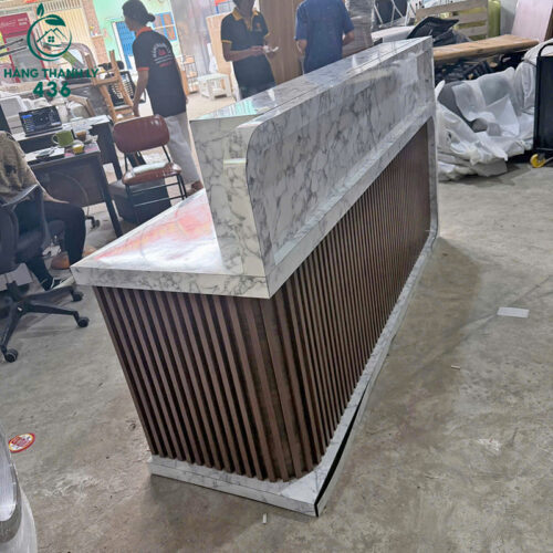 Quầy Lễ Tân Gỗ Cũ Dài 2m Phối Vân Đá 3 quay le tan go cu dai 2m phoi van da 1