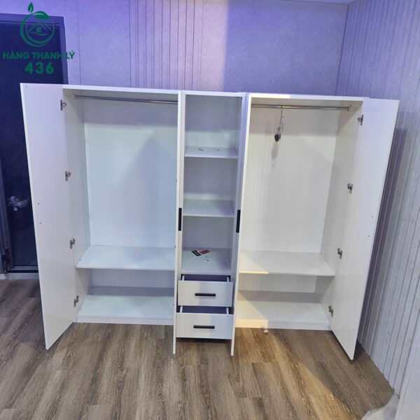 tu quan ao go cu 4 canh mau trang 2m05 2